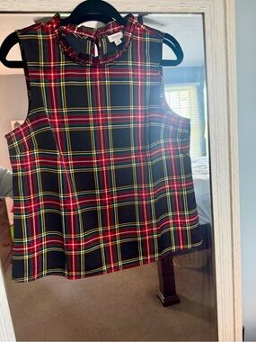 🎄 J. Crew Black Tartan Plaid Ruffle Neck Sleeveless Top Medium